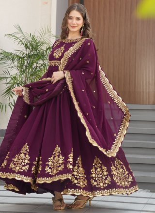Embroidered, Sequins, Thread and Zari Work Faux Georgette Gown In Purple