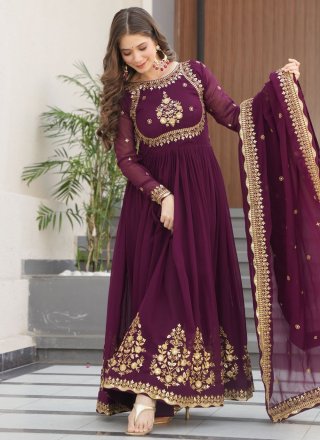 Embroidered, Sequins, Thread and Zari Work Faux Georgette Gown In Purple