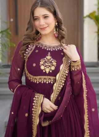Embroidered, Sequins, Thread and Zari Work Faux Georgette Gown In Purple