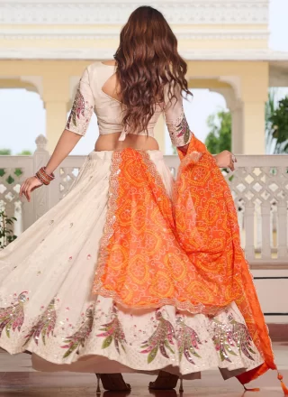 Embroidered, Sequins, Thread and Zari Work Silk Readymade Lehenga Choli In Off White for Ceremonial
