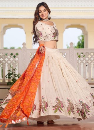 Embroidered, Sequins, Thread and Zari Work Silk Readymade Lehenga Choli In Off White for Ceremonial