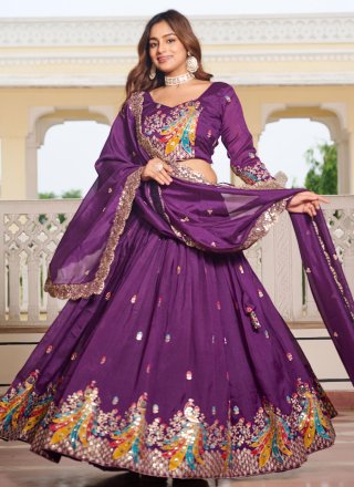Embroidered, Sequins, Thread and Zari Work Vichitra Silk Readymade Lehenga Choli In Purple for Ceremonial