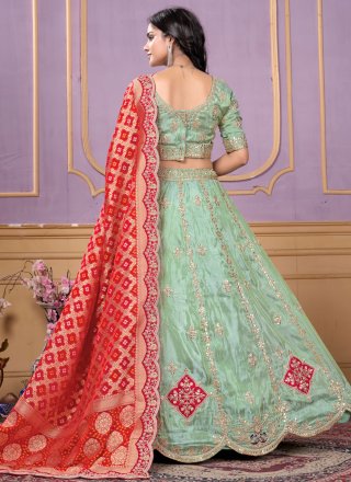 Embroidered, Sequins, Thread and Zari Work Viscose Lehenga Choli In Green for Engagement