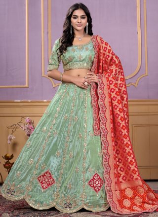 Embroidered, Sequins, Thread and Zari Work Viscose Lehenga Choli In Green for Engagement
