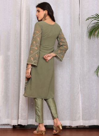 Embroidered, Stone and Thread Work Georgette Trendy Suit In Green and Grey