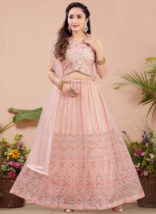 Embroidered, Stone and Thread Work Net Readymade Lehenga Choli In Pink for Ceremonial