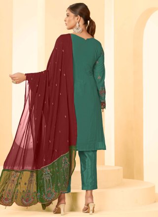 Embroidered, Stone and Zari Work Georgette Pant Style Suit In Green and Teal