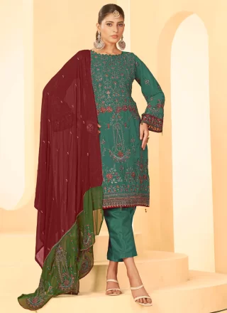 Embroidered, Stone and Zari Work Georgette Pant Style Suit In Green and Teal