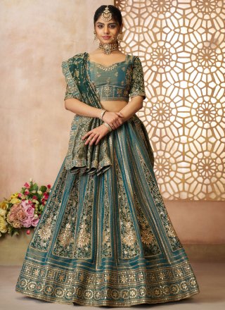 Embroidered, Stone, Thread, Weaving and Zari Work Net A - Line Lehenga Choli In Morpeach for Ceremonial