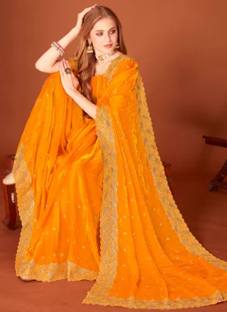 Embroidered, Swarovski and Zari Work Fandy Classic Sari In Mustard for Ceremonial