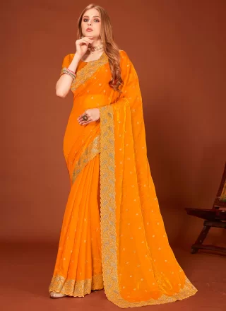 Embroidered, Swarovski and Zari Work Fandy Classic Sari In Mustard for Ceremonial