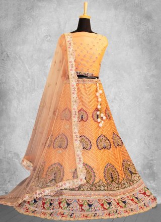 Embroidered, Thread and Zari Work Georgette A - Line Lehenga Choli In Yellow for Engagement