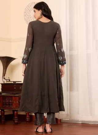 Embroidered, Thread and Zari Work Georgette Anarkali Suit In Brown