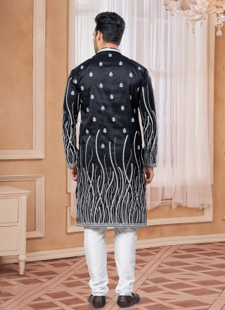 Embroidered, Thread and Zari Work Silk Kurta Pyjama In Black Color