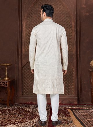 Embroidered, Thread and Zari Work Silk Kurta Pyjama In Cream Color