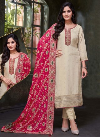 Embroidered, Thread and Zari Work Silk Salwar Suit In Off White Color