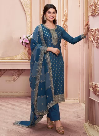 Embroidered Work Art Silk Salwar Suit In Teal for Ceremonial