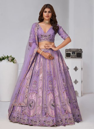 Embroidered Work Banarasi Silk A - Line Lehenga Choli In Purple for Ceremonial
