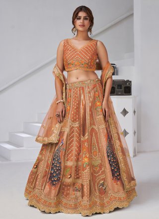 Embroidered Work Banarasi Silk A - Line Lehenga Choli In Rust