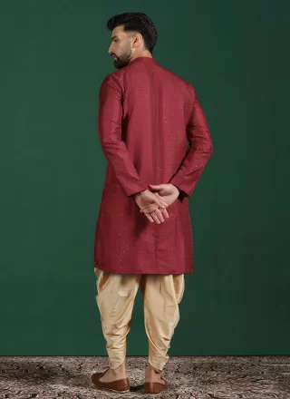 Embroidered Work Banglori Silk Dhoti Kurta In Maroon for Ceremonial