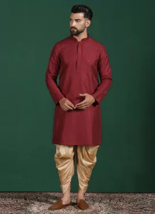 Embroidered Work Banglori Silk Dhoti Kurta In Maroon for Ceremonial