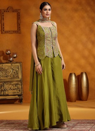 Embroidered Work Banglori Silk Salwar Suit In Green Color