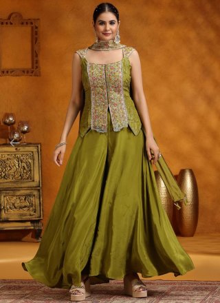 Embroidered Work Banglori Silk Salwar Suit In Green Color