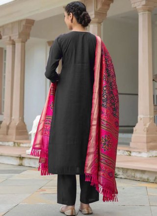 Embroidered Work Blended Cotton Readymade Salwar Suit In Black