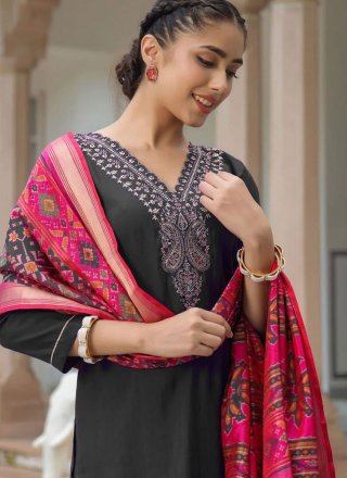 Embroidered Work Blended Cotton Readymade Salwar Suit In Black