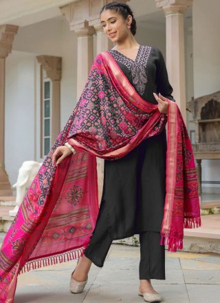 Embroidered Work Blended Cotton Readymade Salwar Suit In Black