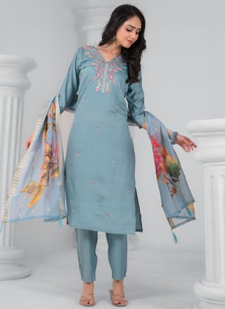 Embroidered Work Chanderi Salwar Suit In Blue and Grey Color