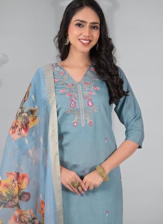 Embroidered Work Chanderi Salwar Suit In Blue and Grey Color