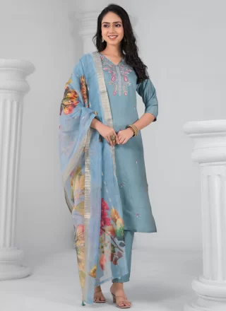 Embroidered Work Chanderi Salwar Suit In Blue and Grey Color