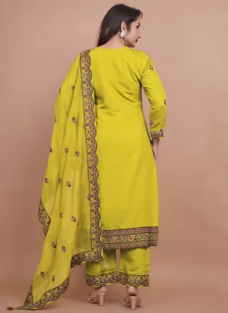 Embroidered Work Chanderi Silk Salwar Suit In Mustard for Ceremonial