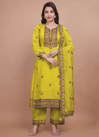 Embroidered Work Chanderi Silk Salwar Suit In Mustard for Ceremonial