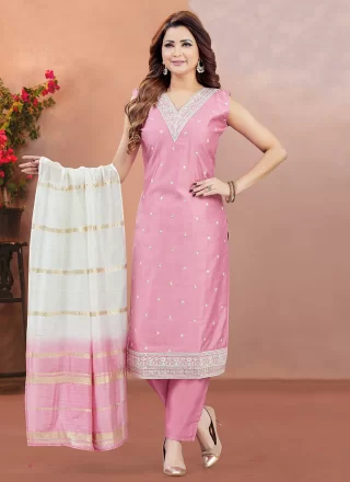 Embroidered Work Chanderi Silk Salwar Suit In Pink Color