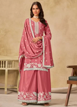 Embroidered Work Chinon Salwar Suit In Pink