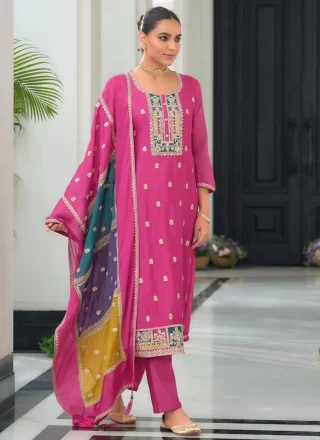 Embroidered Work Chinon Salwar Suit In Pink
