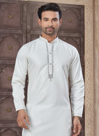 Embroidered Work Cotton Kurta Pyjama In White for Ceremonial