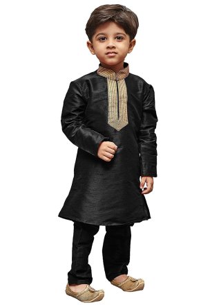 Embroidered Work Dupion Silk Dhoti Kurta In Black Color