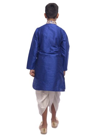 Embroidered Work Dupion Silk Dhoti Kurta In Blue Color