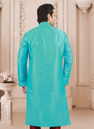 Embroidered Work Dupion Silk Kurta Mens Wear In Aqua Blue for Casual