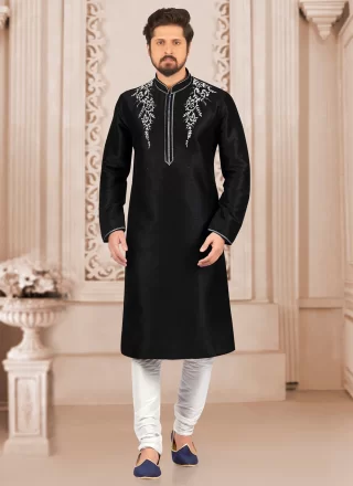 Embroidered Work Dupion Silk Kurta Pyjama In Black Colour