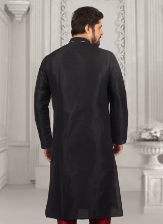 Embroidered Work Dupion Silk Kurta Pyjama In Black Color