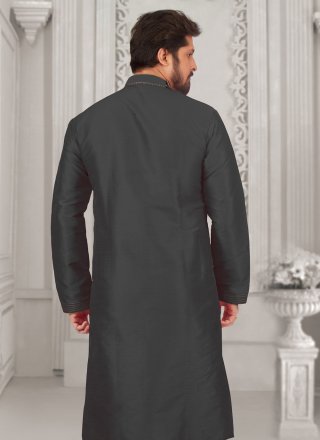 Embroidered Work Dupion Silk Kurta Pyjama In Black Color