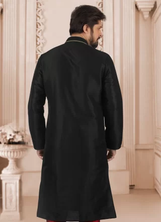 Embroidered Work Dupion Silk Kurta Pyjama In Black Color