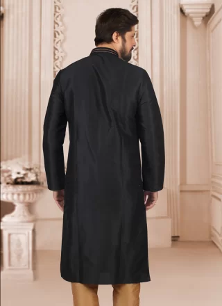 Embroidered Work Dupion Silk Kurta Pyjama In Black for Festival