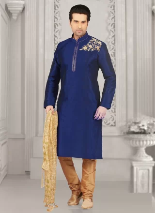 Embroidered Work Dupion Silk Kurta Pyjama In Blue Colour