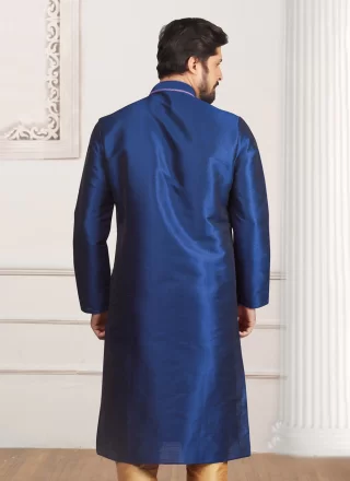 Embroidered Work Dupion Silk Kurta Pyjama In Blue Color