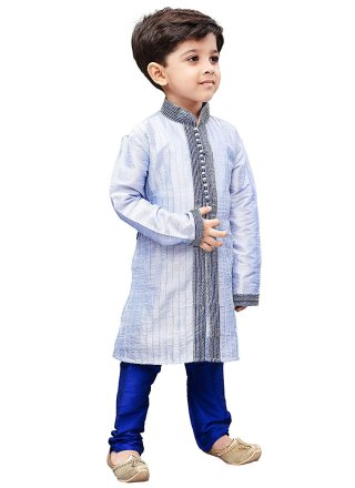 Embroidered Work Dupion Silk Kurta Pyjama In Blue for Festival